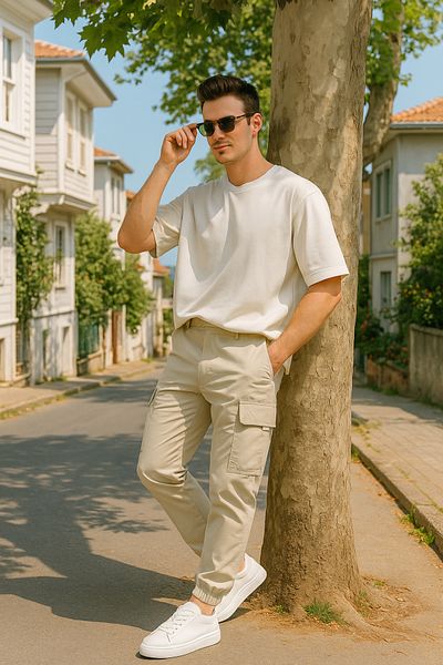 Pobudo Beige Color Parachute Fabric Men's Trousers with Cargo Pockets