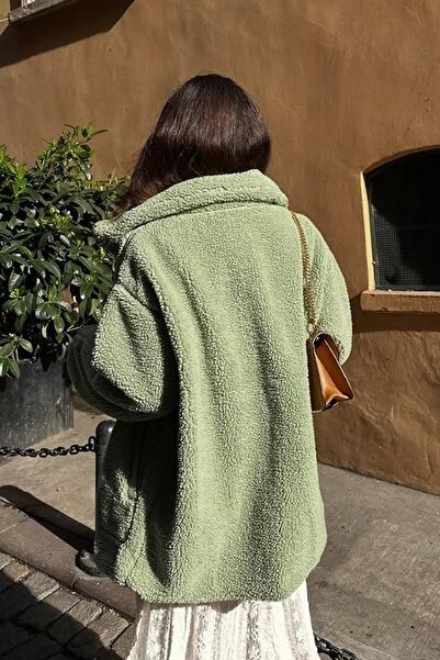 Madmext Mint Yeşili Dik Yakalı Cepli Peluş Mont MG1966