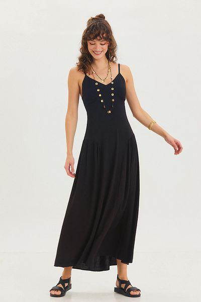 Clandestino Strappy V-Neck Flared Long Bohemian Dress Black