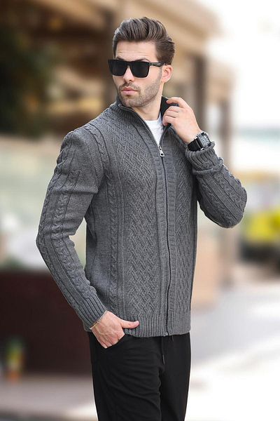 Madmext 7271 Model Anthracite Stand Collar and Zippered Knitted Cardigan