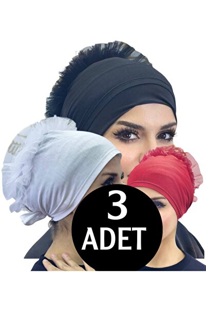 ALADİYAR بونيه 3 قطع بونيه مكشكش أسود أبيض أحمر