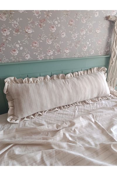 Kubrahobi Linen Fabric 30 X 80 Padded Ruffle Beige Coffee Striped Long Pillow