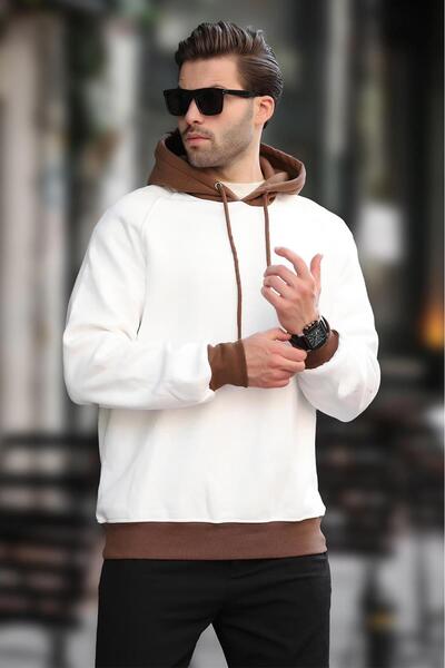 Madmext Hooded Ecru Sweatshirt - Block Pattern 7073