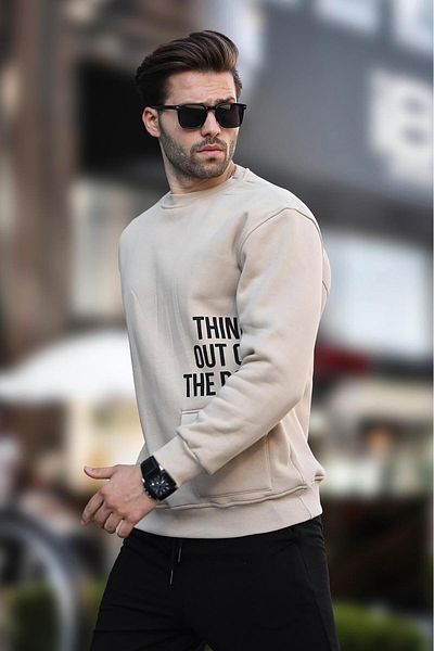Madmext Ανδρικό φούτερ - Μπεζ, Crew Neck, Raised Pocket Detailed, Printed - 7061