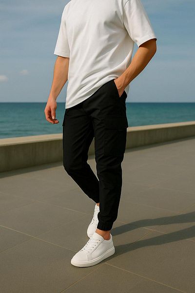 Pobudo Black Color Parachute Fabric Men's Trousers with Cargo Pockets