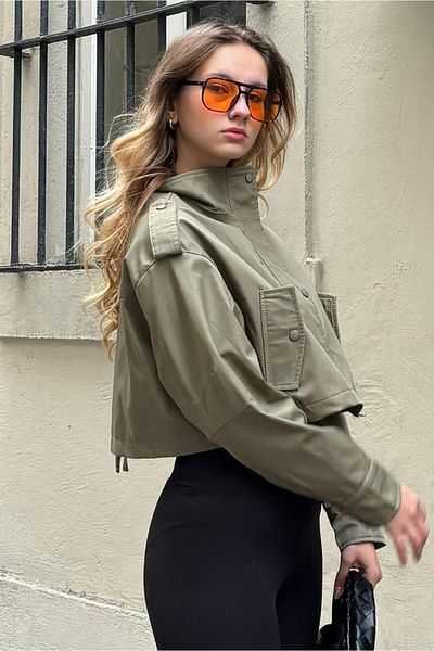 Madmext Khaki Stand Collar Short Women's Jacket Mg2242