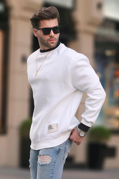 Madmext Ecrufarbenes Oversize-Sweatshirt – Rundhalsausschnitt, erhabenes Muster und Wappendetail 7043