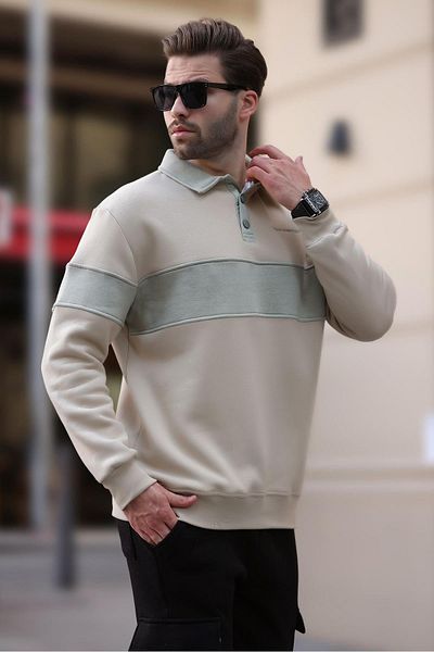 Madmext Ανδρικό φούτερ Color Block Beige Polo Neck - 7072