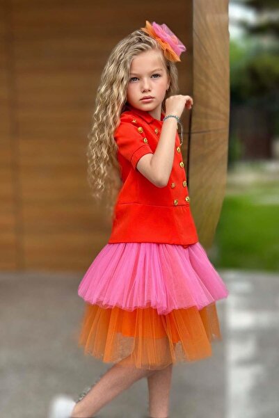 Riccotarz Girl's Gold Button Detailed Shirt and Double Orange Colored Skirt Suit