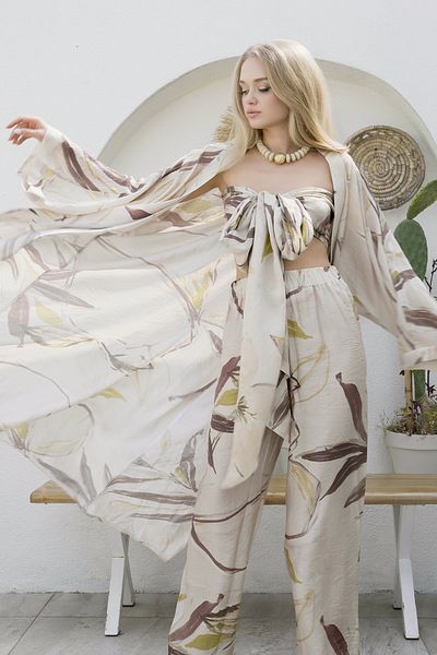 Mita Concept Linen Patterned Crop-Kimono-Pants Suit