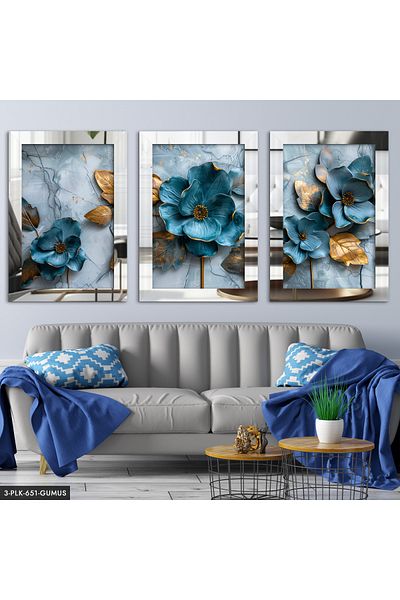 Evinemoda Floare albastră cu frunze de aur 3 piese pictură cu oglindă din plexiglas
