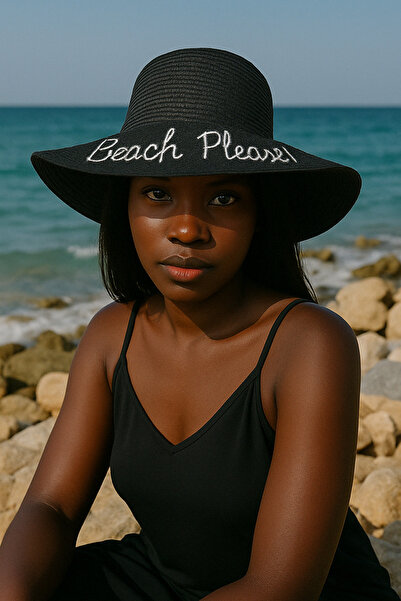 Mollycrush Pălărie neagră de paie cu boruri largi - Protecție solară pentru p...