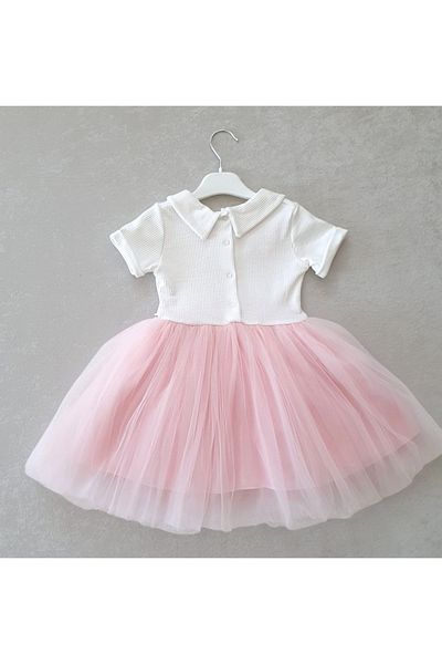 Şirin Şeyler Butiği Perla Rochie Tutu Pufoasă Prințesă Fete Mânecă Scurtă Guler Bebe Lycra Elastic Roz Alb