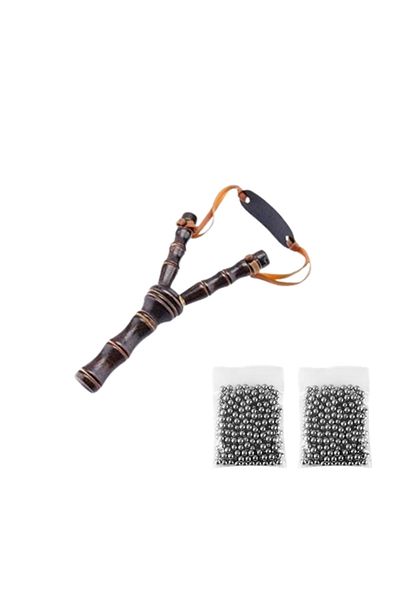 Depox Set praștie din lemn și 200 de bile metalice, pentru airsoft și praștie de 8 mm, 19 cm, maro