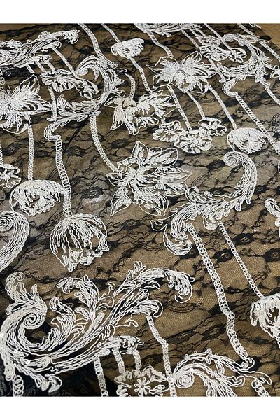 METERİAL White Embroidered Lace Fabric on Black Background - 135 cm Width - 1 Meter