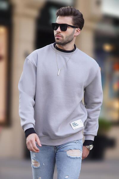 Madmext Ανδρικό φούτερ σε γκρι Oversize Crew Neck - Raised Crest Detailed 7043