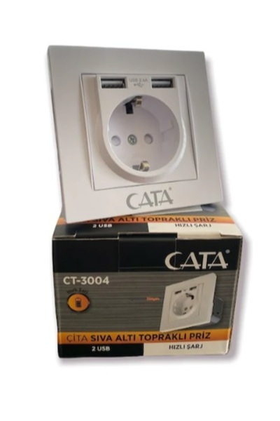 Cata ÇİFT USB Lİ TOPRAKLI PRİZ HIZLI ŞARZ+ÇOCUK KORUMA CT-3004