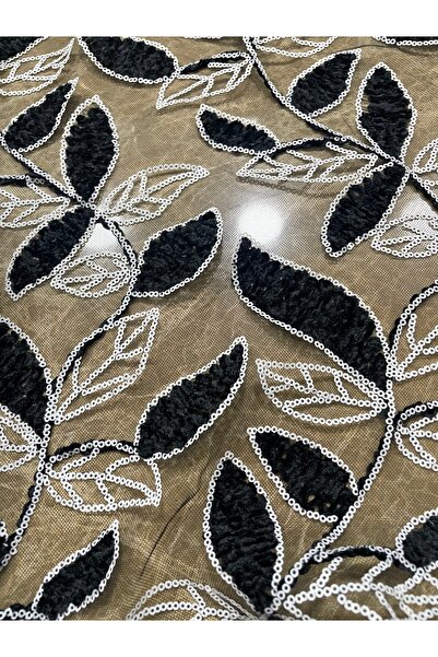 METERİAL Țesătură din tul brodată cu paiete, cu model de frunze alb-negru - 1...