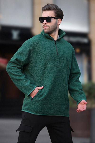 Madmext Φούτερ Green Boucle - Stand Collar, Half Zipper 7084