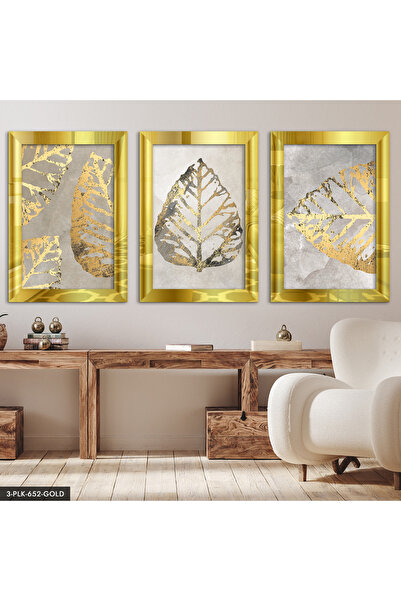 Evinemoda Gold Yaprak 3 Parça Pleksi Aynalı Tablo