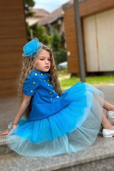 Riccotarz Set cămașă cu nasturi aurii pentru fete și fustă dublă de culoare albastră