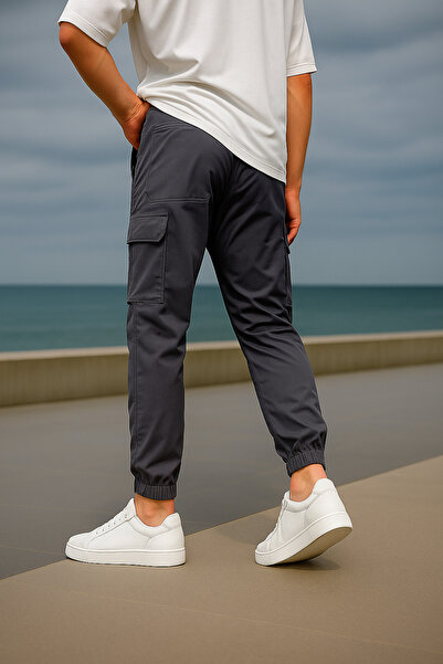 Pobudo Anthracite Color Parachute Fabric Men's Trousers with Cargo Pockets