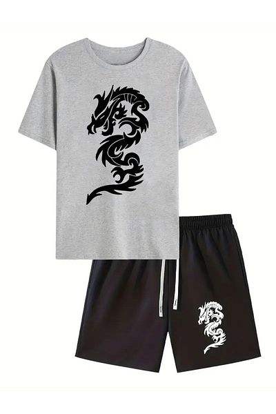 LAND MODA Men's Mysterious Black Dragon Printed Short Sleeve T-Shirt and Waistband Shorts Set, Casual Sports