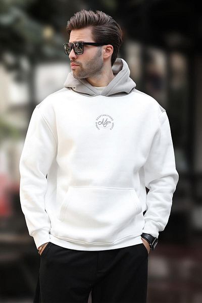 Madmext 7088 Model Men's Hooded Ecru Sweatshirt - Color Block and Embroidery Detail