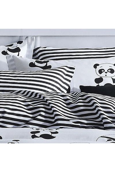 LC Waikiki Μαύρο Σετ Παπλωματοθήκη Easy Iron Double B&W Panda