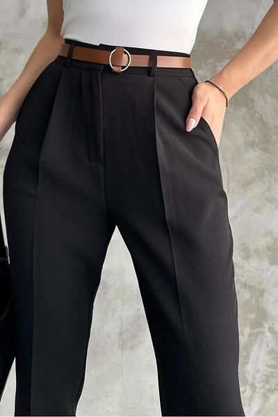 MetuCA Women's Black High Waist Ankle Length Straight Cut Pleated Waistband Slim Formal Casual Classic Fabric Pants