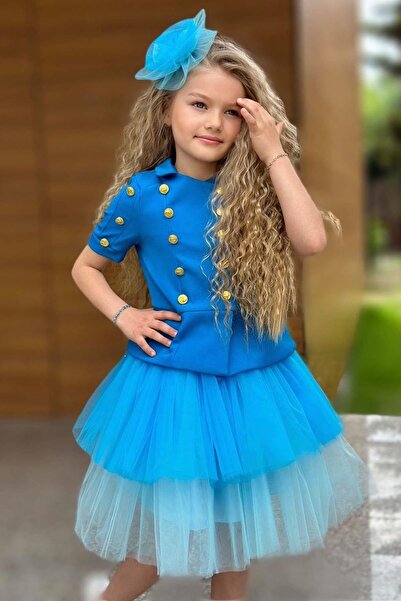 Riccotarz Set cămașă cu nasturi aurii pentru fete și fustă dublă de culoare albastră