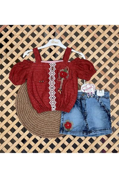 MİNYON BABY Girl's Set with Lace Detailed Floral Denim Shorts
