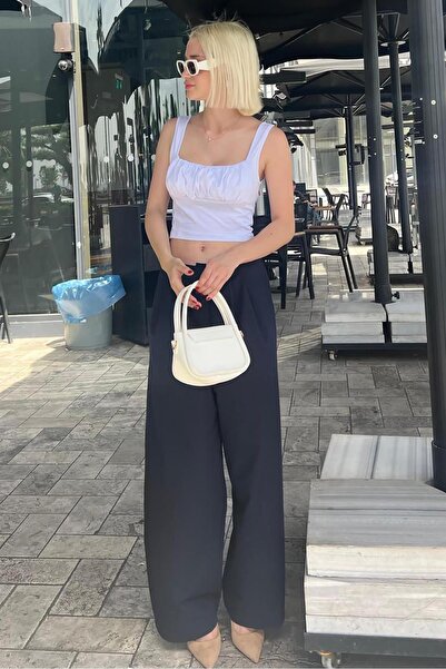 Madmext High Waist Navy Blue Relaxed Fit Trousers MG2120 - Wide Leg