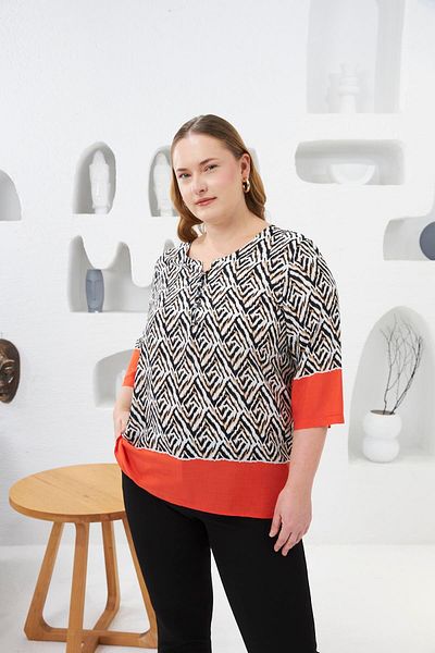 RMG Patterned Large Size Collar Buttoned Blouse