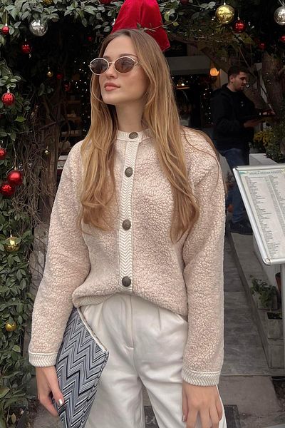 Madmext Beige geknöpfte Bouclé-Strickjacke MG1949