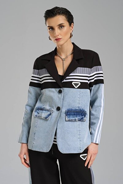 tw3 سترة بليزر نسائية بتفاصيل مخططة وتصميم مزخرف من الدنيم