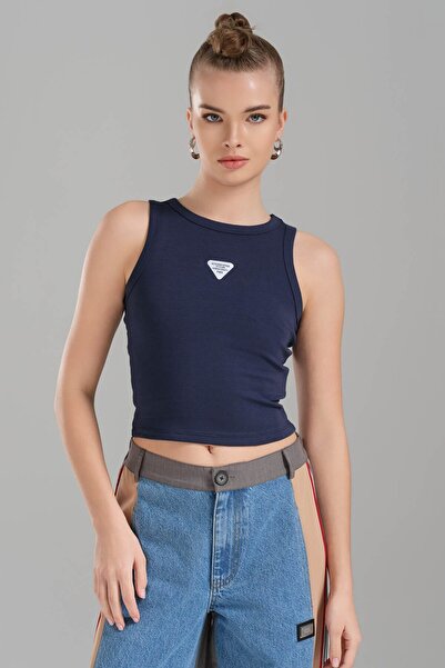 tw3 Bluză crop pentru femei, cu design cu etichetă, slim fit