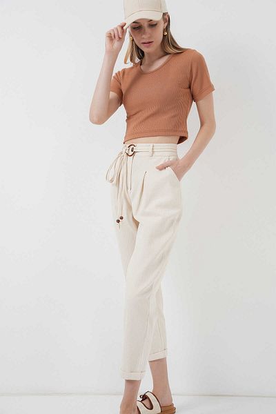 GABRİA Gabria Belted Double Leg Linen Trousers