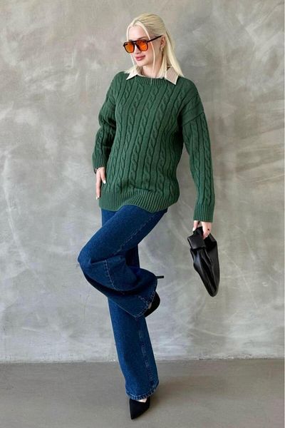 Madmext Pulover tricotat verde cu gât crew Mg2336