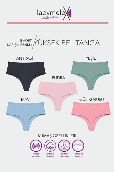 LadyMelex Tanga de damă din bumbac cu talie inalta - 5 bucati, culori mixte