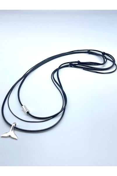 Concept HuBuTU Minimal Gümüş Kaplama Balık Kuyruğu Objeli Erkek Siyah Suni Deri Ip Bohem Kolye Seti (3 ADET)