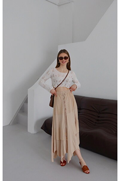 Laluvia Beige Asymmetrical Cut Skirt - 251052