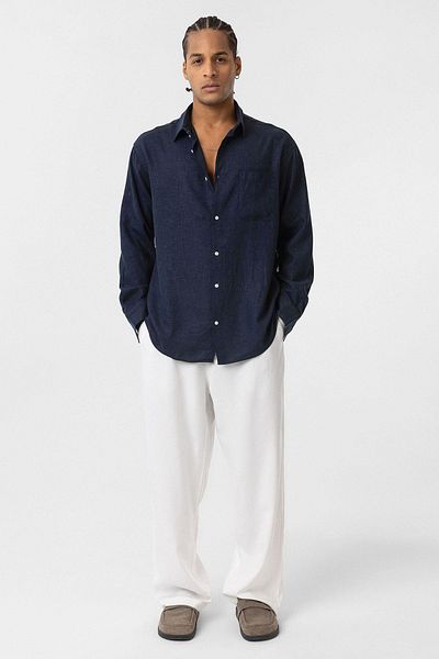 VAMOSCLO Pocket Detailed Oversize Long Sleeve Shirt Navy Blue
