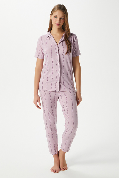 Ritnice Kadın Spring Yumuşak Doku Lila Bahar Dalı Ön Düğmeli Kısa Kollu Pijama Takımı