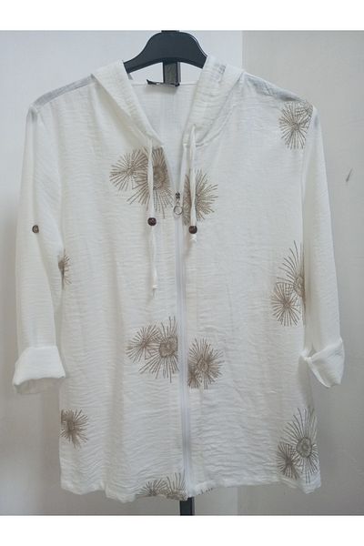 AKŞEN GİYİM Plus Size 100% Cotton Linen Hooded Fold over Sleeve Sim Floral Embroidered Authentic Jacket