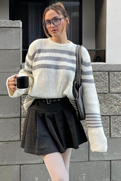 Madmext Bone Color Striped Knitwear Sweater Mg1585