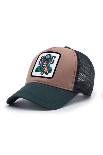 Trucker King Model Interchangeable Emblem Mesh Cap Green Brown Navy Blue