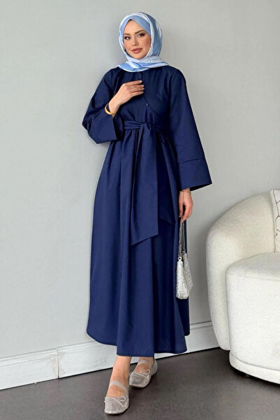 Swana Keten Yan Çapraz Bağlamalı Elbise-Lacivert