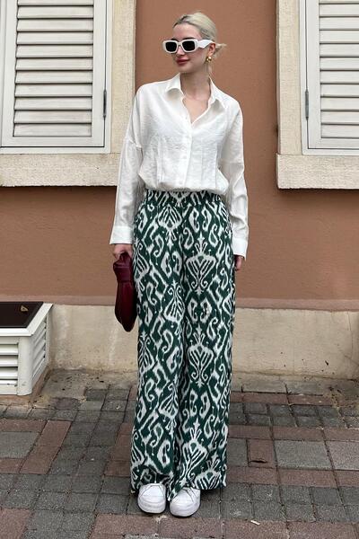 Madmext Yeşil Desenli Beli Lastikli Bol Paça Pantolon MG2051