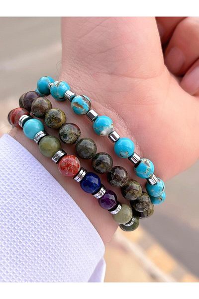 NURSAAT 3 Piece Special Design Unisex Natural Stone Bracelet Chakra, Turquoise, Jade, Agate and Citrine Stones 06